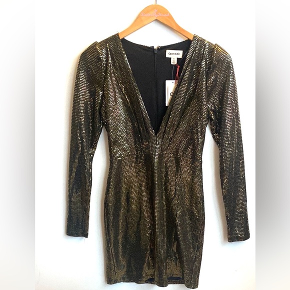 OPEN EDIT Metallic Gold Sequin Deep V-Neck Long Sleeve Minidress, Size XS, NWT - Picture 4 of 7